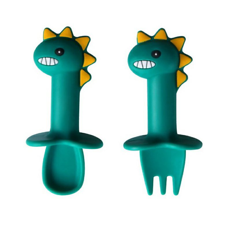 Set thìa dĩa nút chặn khủng long silicone cho bé tập ăn