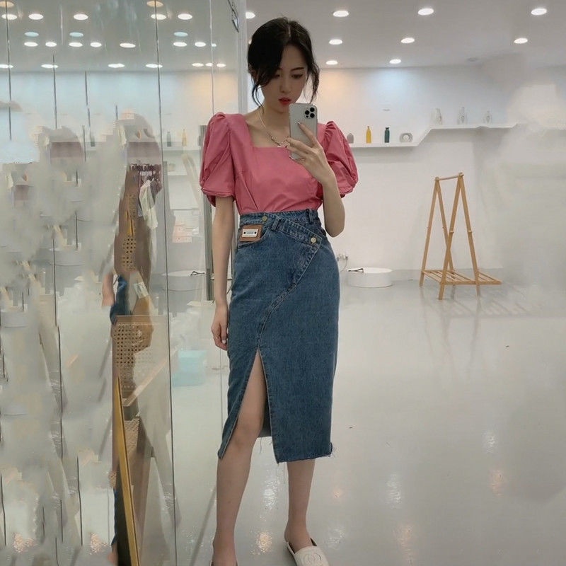 Jiashucheng Chân Váy Jean Chữ a Lưng Cao Xẻ Tà Thời Trang Mùa Hè Cho Nữ