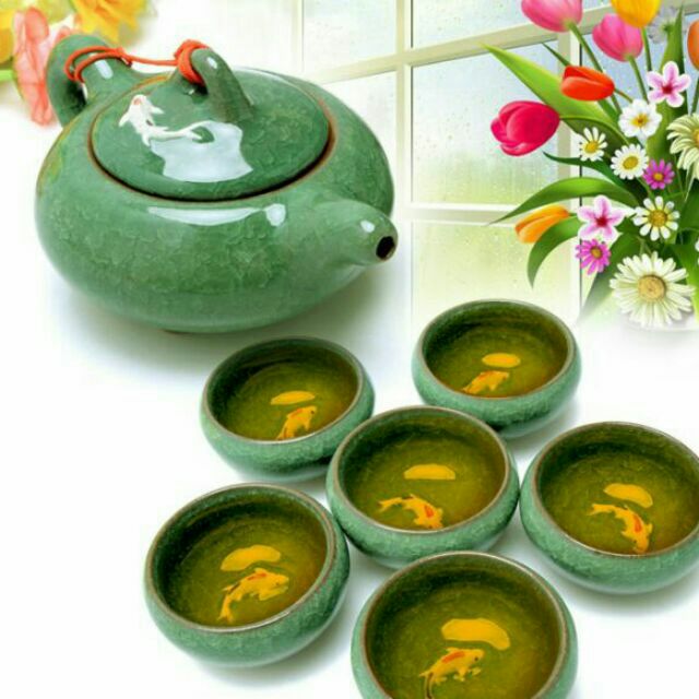 Bộ Ấm Trà Men Ngọc Cá 3D