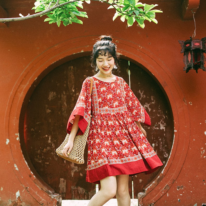 Váy babydoll tông đỏ họa tiết thổ cẩm dễ thương - MS124 (Có ảnh thật)