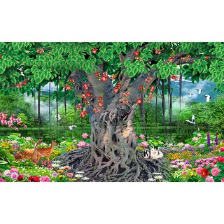 Tranh dán tường Cây Bồ Đề in chất liệu PP phủ kim sa cao cấp