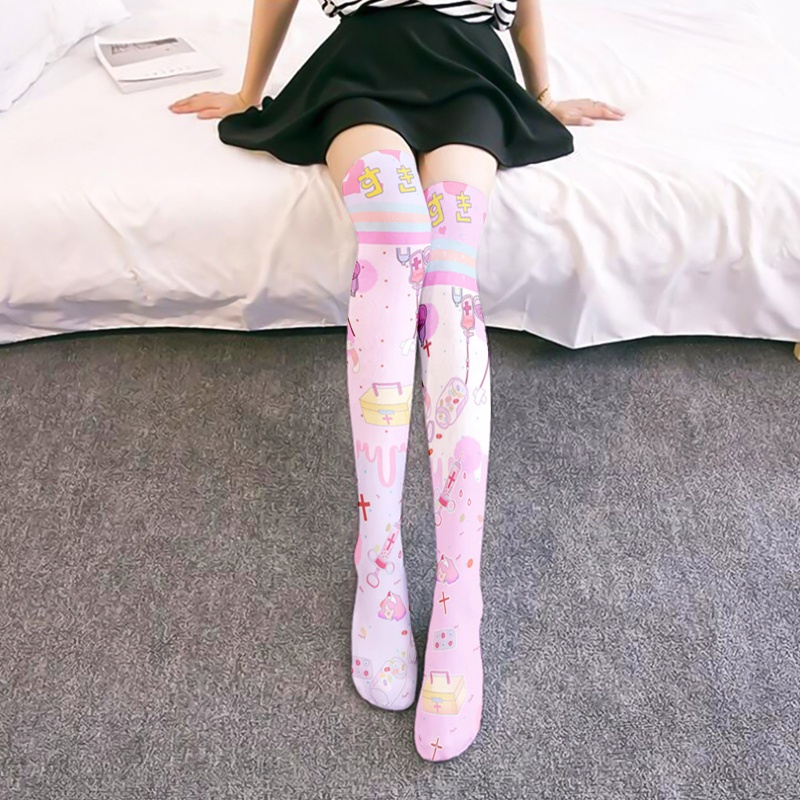 Tất Dài Qua Gối In Hình Hộp Sữa Phong Cách Lolita Dễ Thương Cho Nữ