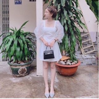 Đầm Cổ Vuông Tay Lưới Phồng Trơn 💕