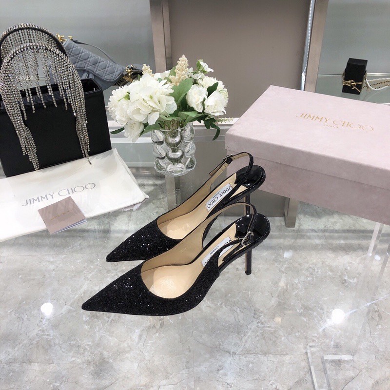 Giày cao gót mũi nhọn Jymmy Choo da bò đính hạt lấp lánh siêu tôn chân