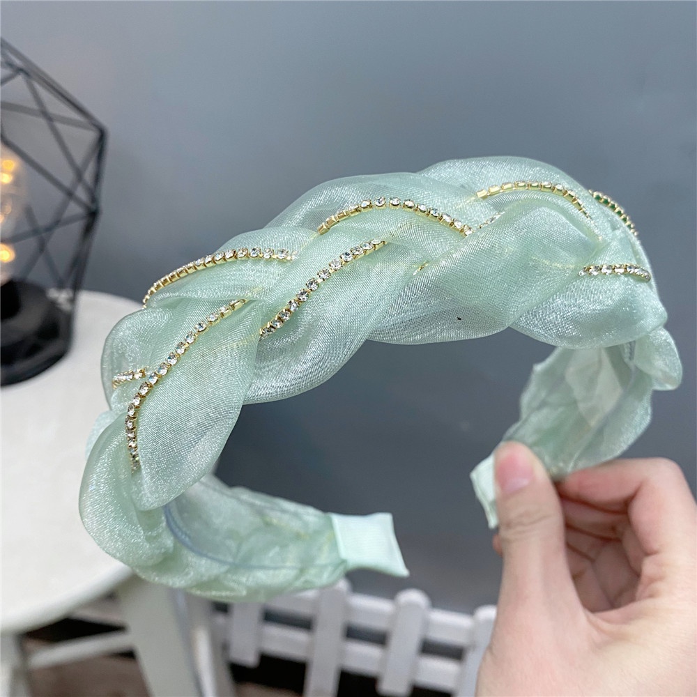 Băng Đô Vải Organza Đính Đá Phối Dây Xích Ba Chiều Thời Trang