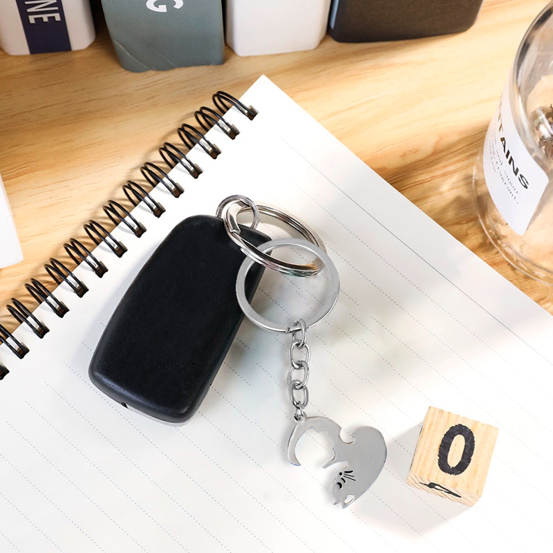 Móc Khóa Tình Bạn Bằng Thép Không Gỉ Hình Mèo Và Trái Tim