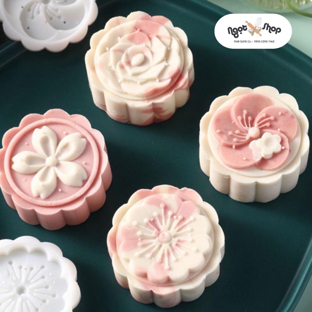 Khuôn trung thu lò xo hình hoa đào kèm 4 mặt khuôn 50g