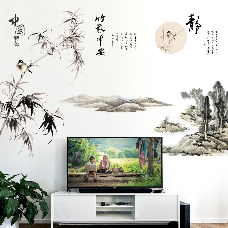 Tranh kép dán tường phong cảnh và thư pháp TRÚC BÁO BÌNH AN kích thước 175x110cm