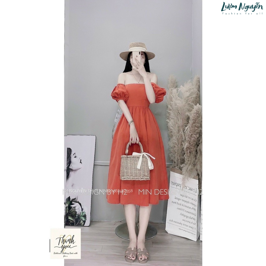 Đầm trễ vai tay nhí màu trơn xinh đẹp