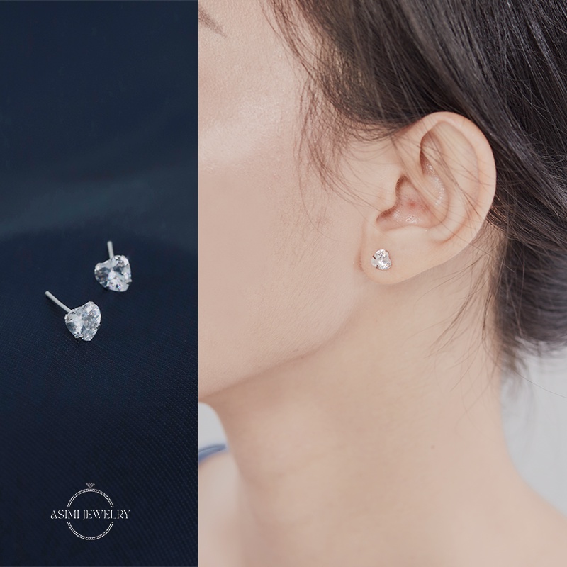 Đôi bông tai bạc mặt đá trái tim 6 li Asimi, bông tai nụ đá trái tim bạc ta nguyên chất sang trọng Heart Earrings KT05