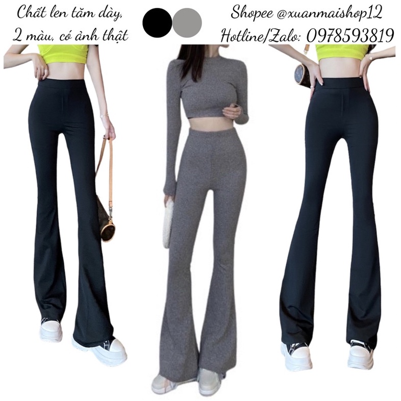 Quần nữ lưng cao ống loe siêu dài chất len tăm dày dặn hai màu đen xám, áo croptop 2 dây, áo ba lỗ