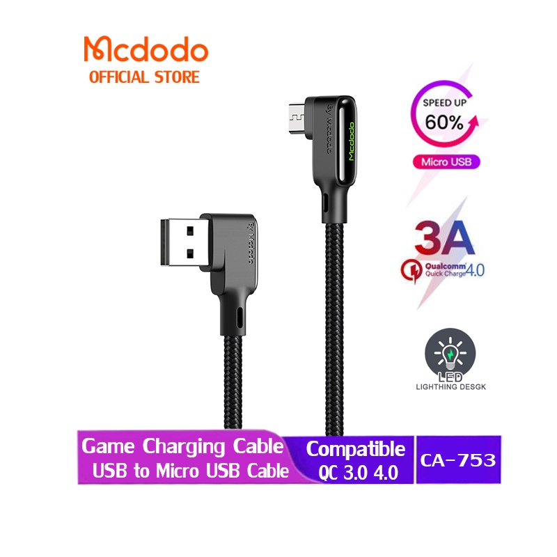 Dây cáp sạc chơi game Mcdodo 90 độ Micro USB 3A cho điện thoại Samsung Redmi Huawei Android CA-7530 CA-7531