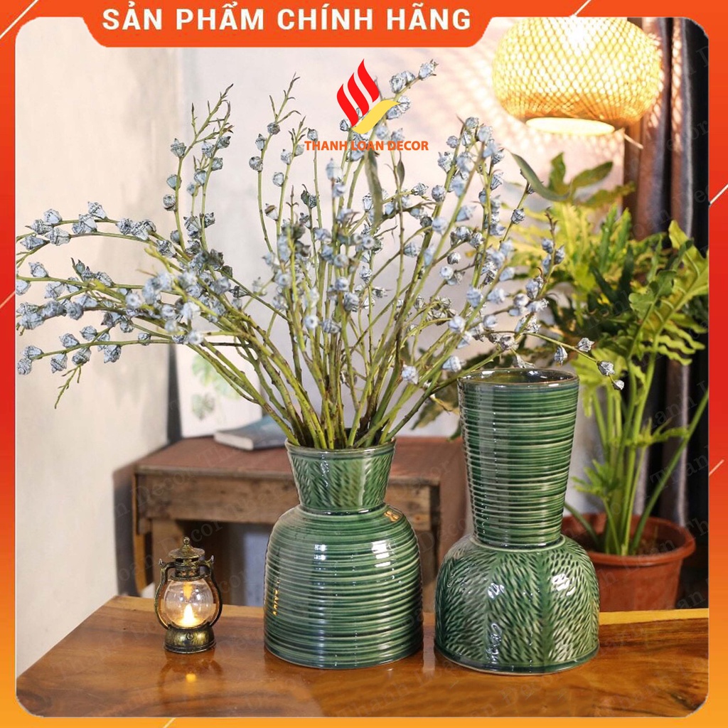 Lọ hoa gốm Bát Tràng cao cấp men xanh ngọc viền ngang dáng mai bình