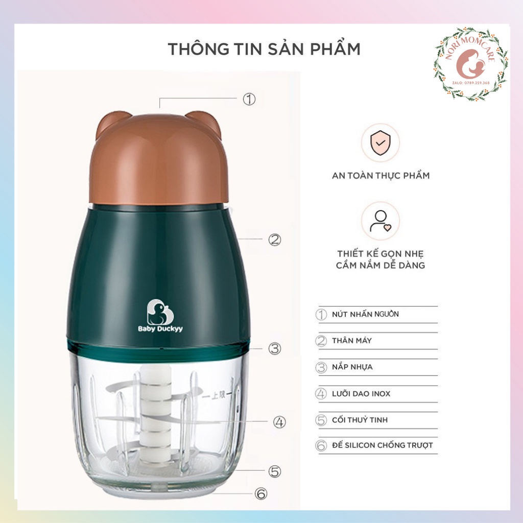 Máy Xay Ăn Dặm Cho Bé, Xay Thức Ăn Đa Năng 6 lưỡi Hattiecs / Baby Duckyy Cối Thuỷ Tinh, Tiện Lợi và Nhanh Chóng Cho Mẹ