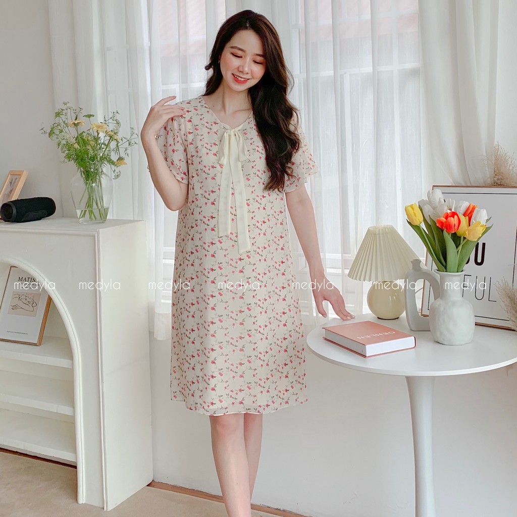 Váy bầu xinh mùa hè 2 lớp chiffon lót lụa chất mát - Đầm bầu công sở dự tiệc thiết kế Medyla - VS723