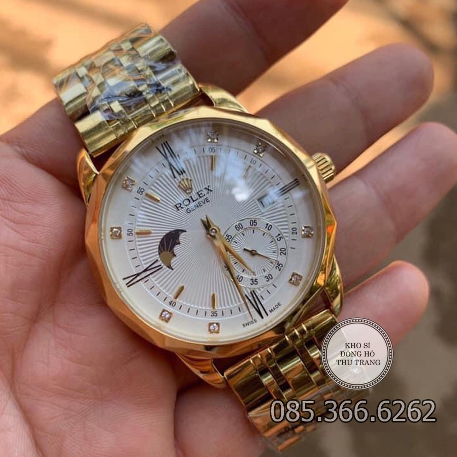 Đồng hồ nam Rolex cơ Automatic máy Nhật mẫu 3 kim trắng viền vàng cắt vát kim cương size 40-41mm