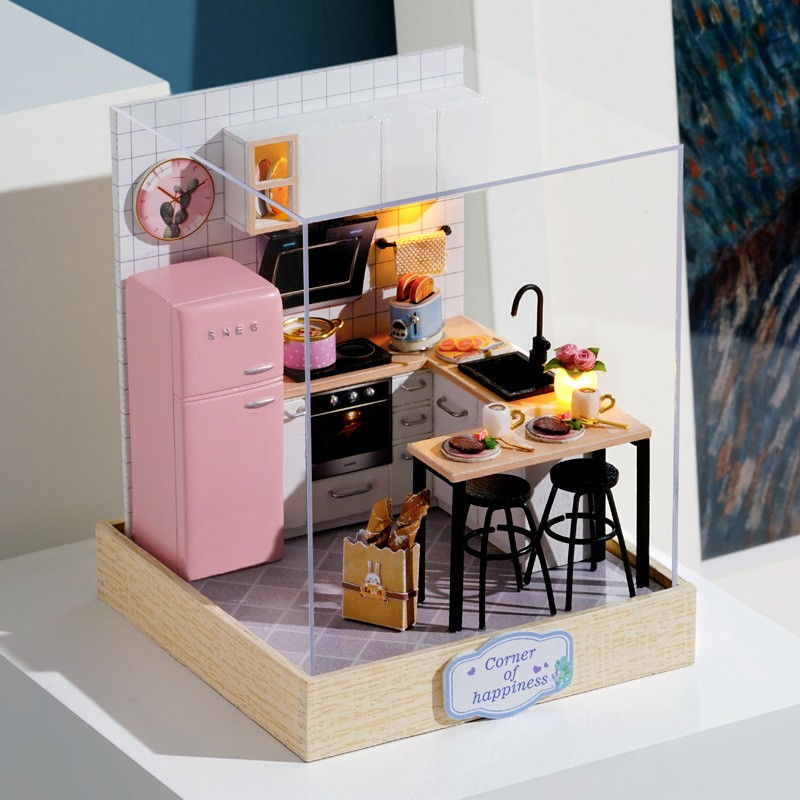 Mô hình nhà DIY Doll House Corner Of Happiness Kèm Mica chống bụi, Bộ dụng cụ và Keo dán
