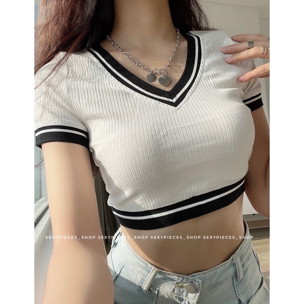 [ẢNH THẬT 100%]Áo croptop thun gân cổ tim viền đen siêu dễ mix đồ- Hàng có sẵn