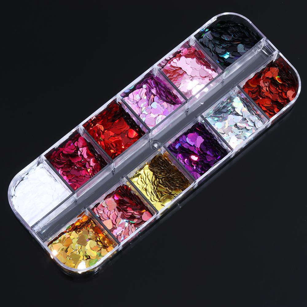 Hộp 12 Ngăn Đựng Hạt Kim Sa Trái Tim 3D Trang Trí Móng Tay Nghệ Thuật