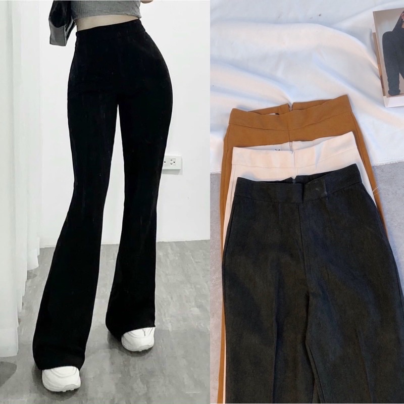 Quần ống loe - quần loe nhung cạp cao chất mềm co giãn-hình thật