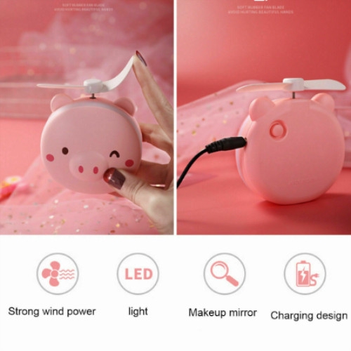 Portable Mirror Mini Fan Bear Cosmetic Makeup LED Light 3 In 1 USB Charging Handheld Beauty Tool