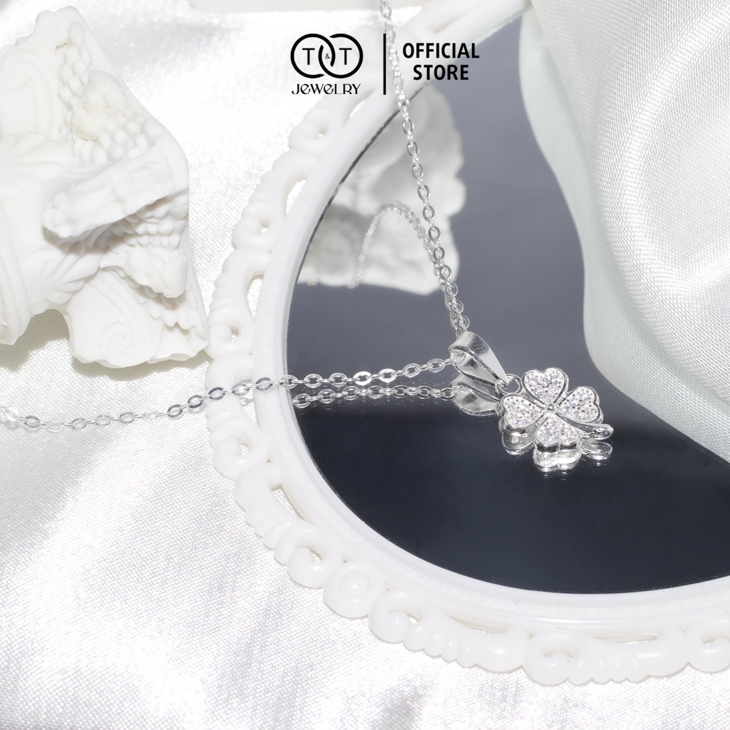 Dây chuyền Bạc nữ Hoa Bốn Lá s925 Mặt Đá Tròn T&amp;T Jewelry cao cấp DC04