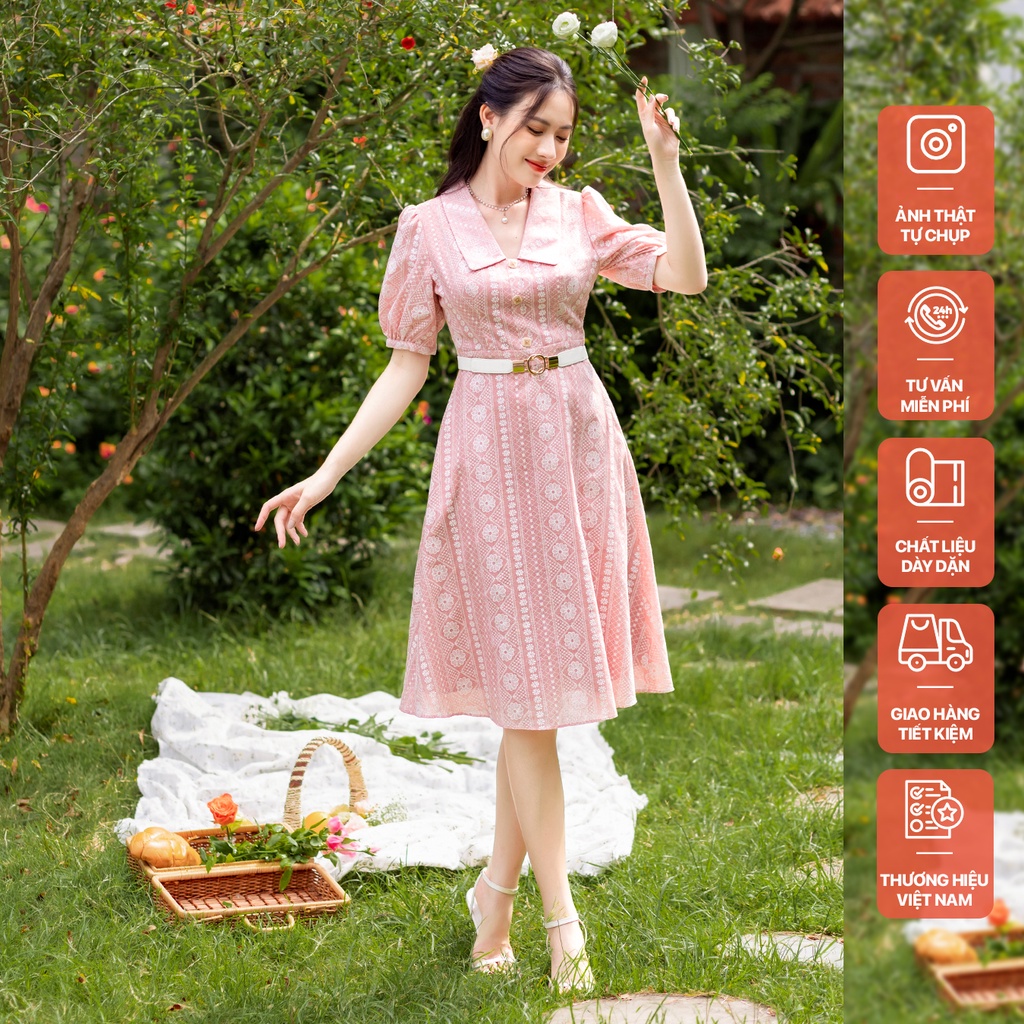 Váy cổ sen hoa nổi hồng nhạt CVT