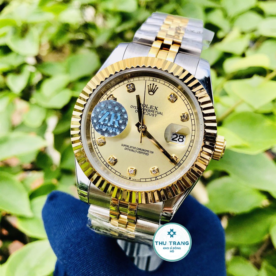 Đồng hồ Nam Rolex máy nhật, mẫu classic, mặt vàng viền vàng, dây kim loại, dòng cơ Automatic size 39mm-40mm
