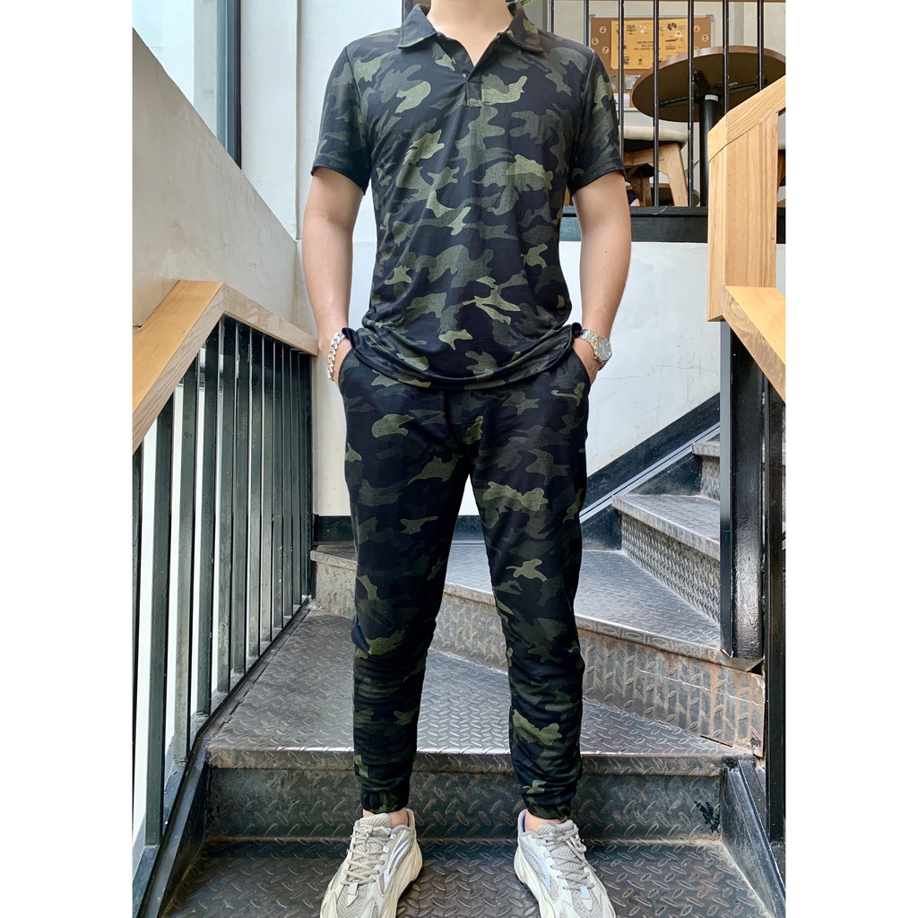 Set Quần Dài Nam Camo Cổ Bẻ Chất Cotton Cao Cấp Co Dãn Thoáng Mát B4