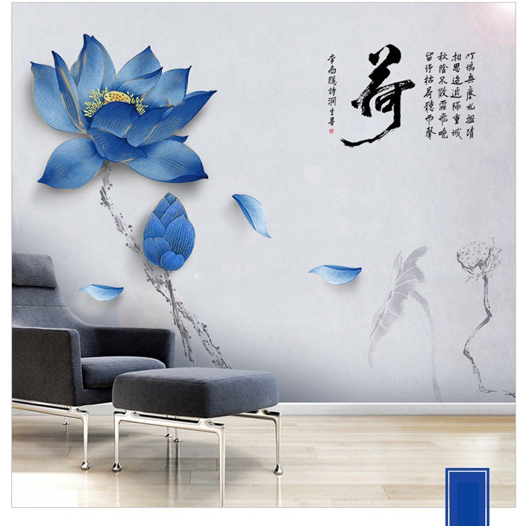 [CHẤT] Decal dán tường Hoa sen xanh thủy mặc trang trí phòng khách siêu đẹp AmyShop