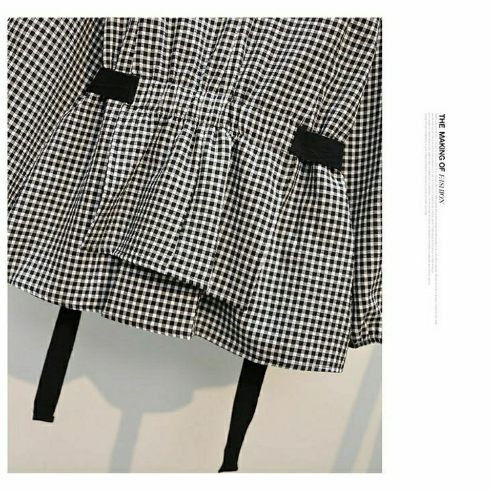 2022 Spring and Autumn wear new cotton and hemp plaid shirt women's Korean version V-collar waist blouse lantern nine-minute sleeve lining trend