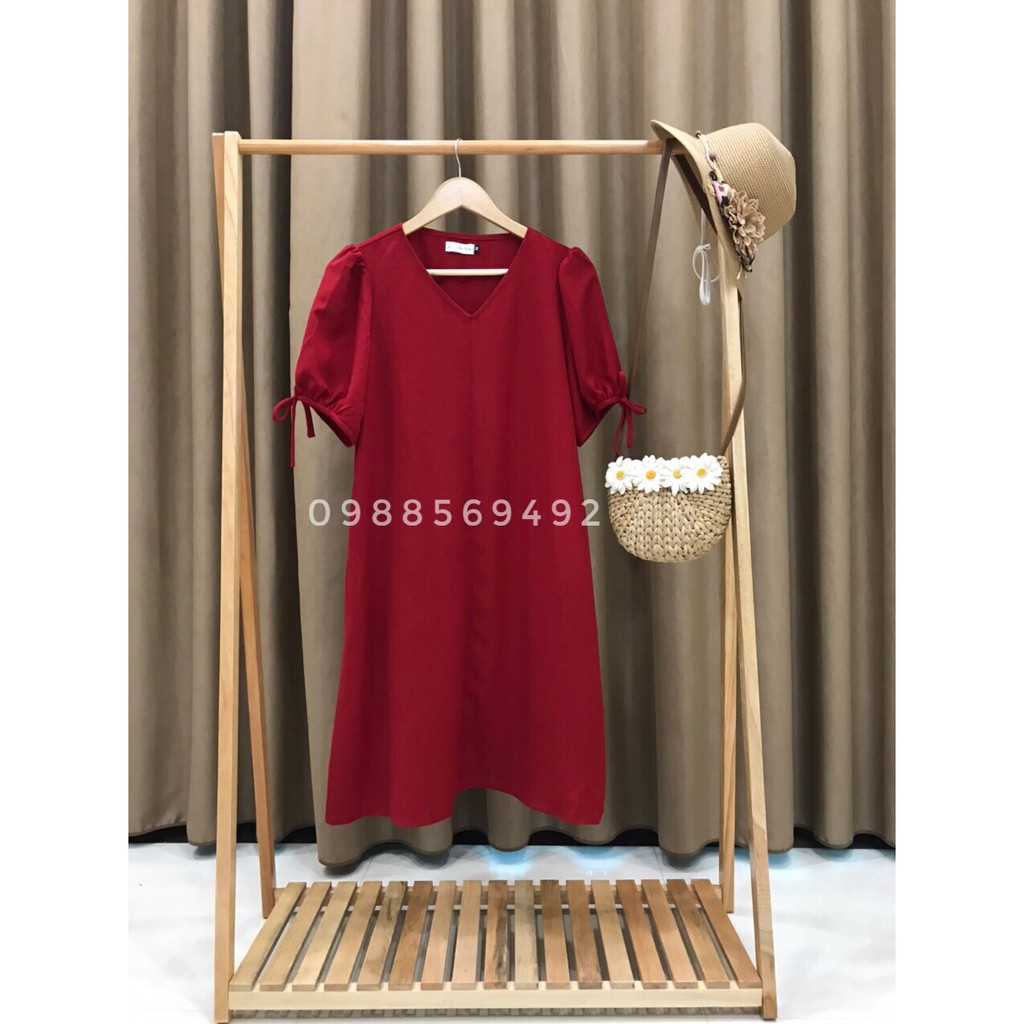 Váy bầu bigsize thiết kế GuMe Váy dáng suông cổ tim tay bo phối nơ chất vải chéo hàn cao cấp mềm mịn mặc đi làm đi chơi