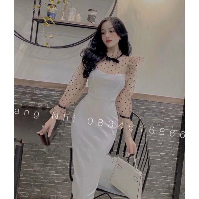 Đầm body 🌷FREESHIP 🌷Đầm body phối lưới bi dài tay Đẹp ྇