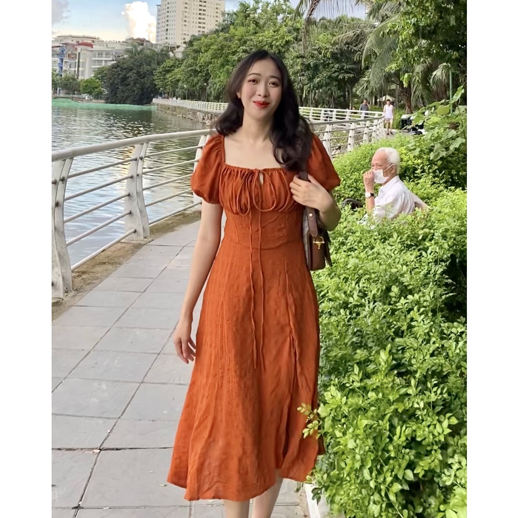 Váy Đầm Maxi Cổ Yếm Tay Phồng Dáng Dài Đi Biển Đi Du Lịch Vải Xốp 2 Lớp Màu Cam Cháy Siêu Tôn Da