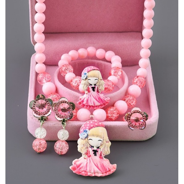 Bộ Trang Sức Gồm Dây Chuyền / Nhẫn / Vòng Tay / Bông Tai Họa Tiết Công Chúa Elsa Dễ Thương Cho Bé Gái