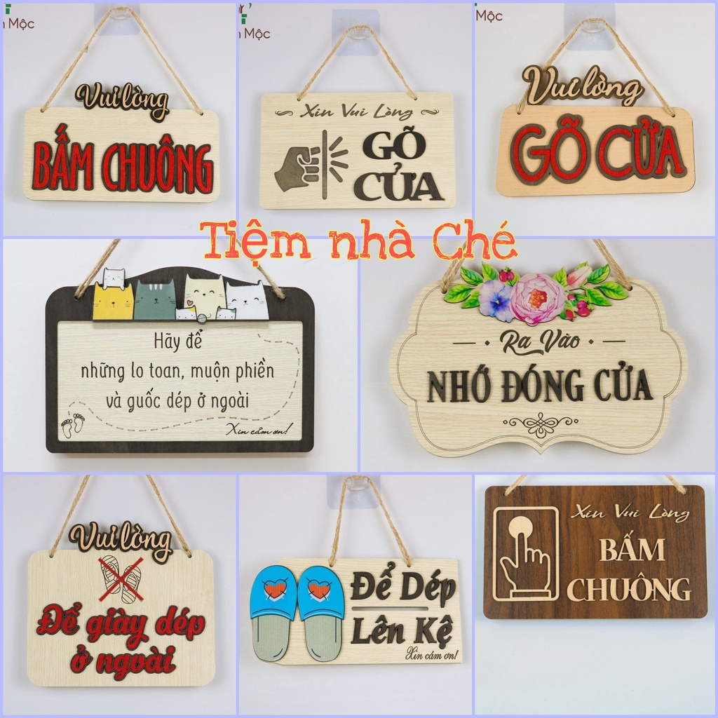 Bảng gỗ treo tường. trang trí nhà cửa Vui lòng bấm chuông, gõ cửa, guốc dép, đóng cửa (tặng đinh 3 chân/ móc dán tường)