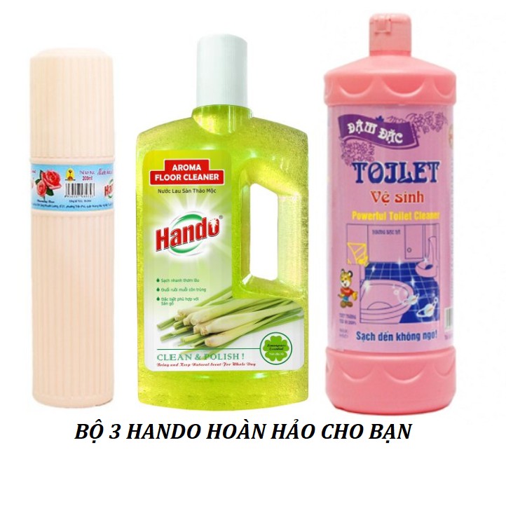 ( COMBO TIẾT KIỆM ) Bộ 3 hoàn hảo Hando lau sàn sả, xịt phòng hoa hồng, tẩy toilet tiện ích