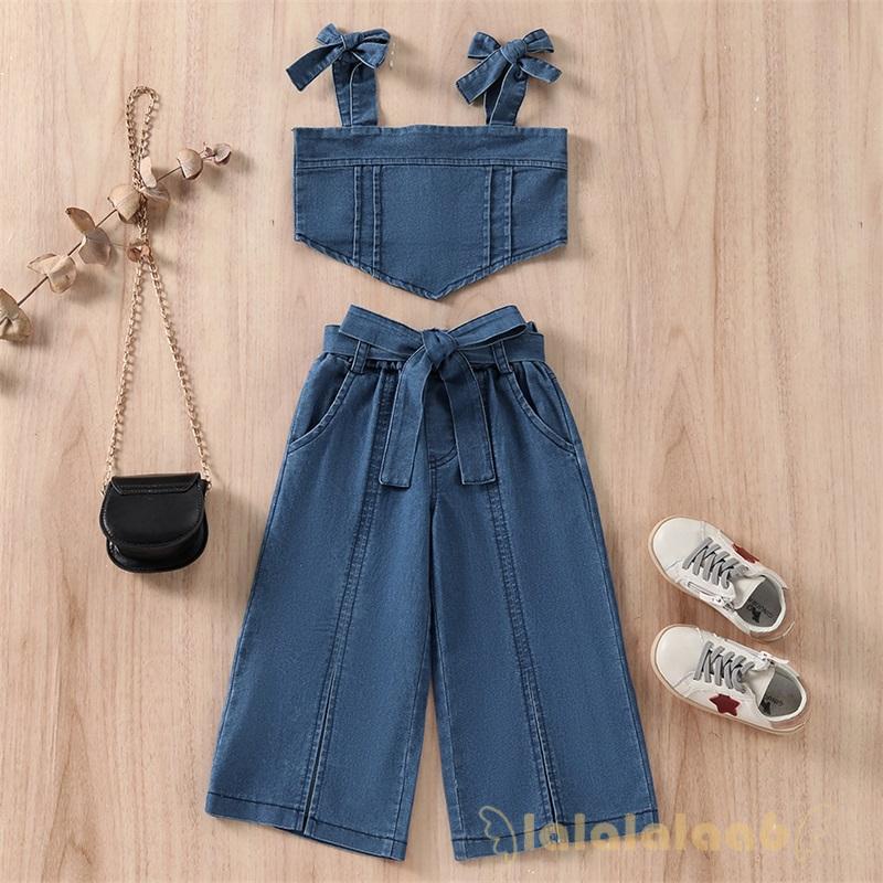 Bộ áo denim hai dây hở lưng + quần ống rộng xẻ tà màu trơn thời trang cho bé gái LAA6