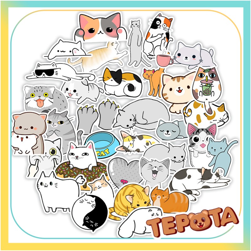 Set 50 Sticker Mèo Xám TEPOTA Dễ Thương Graffiti Trang Trí Thủ Công Không Thấm Nước Dán Mũ Bảo Hiểm, Xe, Laptop ST01