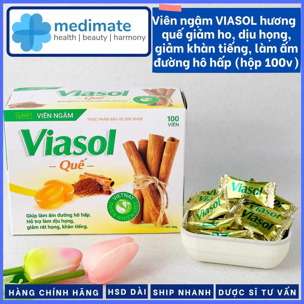 Viên ngậm VIASOL hương quế giảm ho, dịu họng, giảm khàn tiếng, làm ấm đường hô hấp