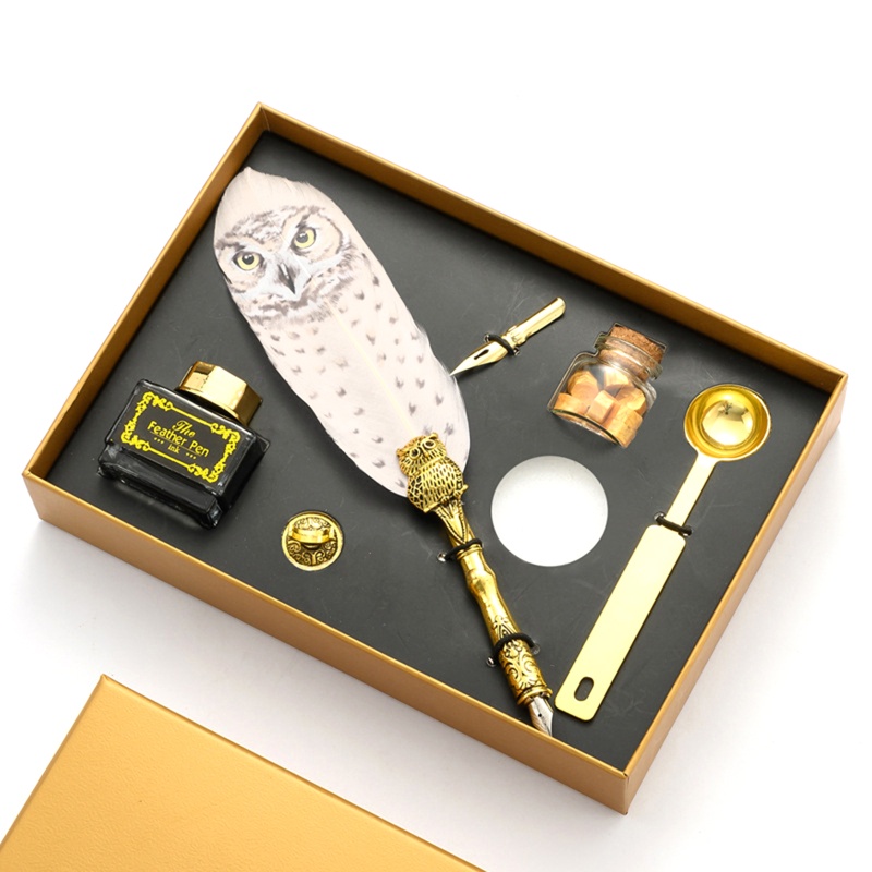Hộp Bút Thư Pháp Hình Chim Cú Lông Vũ Thư Pháp Cổ Điển Với Ngòi Sáp Đóng Dấu Niêm Phong
