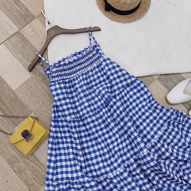 Váy Yếm Kẻ CaRo Xanh Dáng BaByDoll-HalinhShop-Váy 2 Dây Trễ Vai Size S M