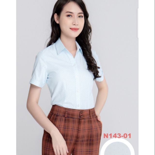 Áo sơ mi nữ Thái Hòa bông nhí màu xanh ngọc vải sợi tre pha cotton và poly