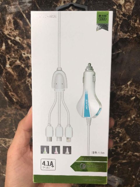 Sạc điện thoại Aulike chính hãng đa năng trên ô tô - kèm dây 3 đầu tiện ích ko sợ đứt nhão dây