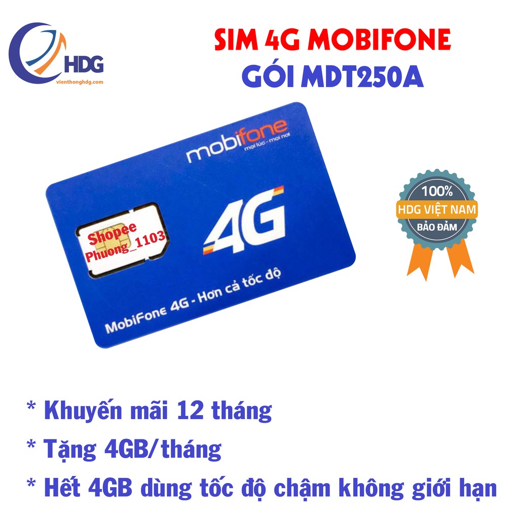 Sim 4G mobifone  21g12 tặng 4gb/ngày/12 tháng ,  MDT250 tặng 48gb/12 tháng  trọn gói không nạp tiền