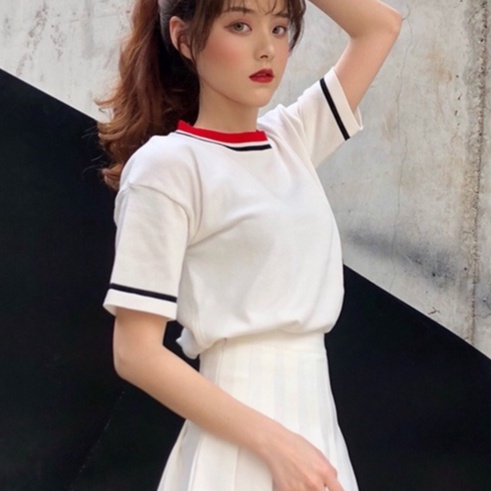 Áo thun ZHELIHANGFEI dệt kim tay ngắn màu sắc tương phản phong cách vintage sành điệu