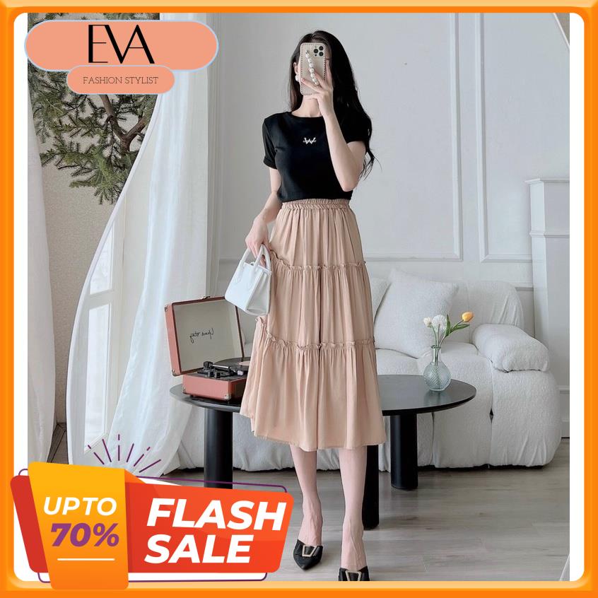 Chân váy cạp chun dài vải tằm xước co giãn mix áo phông áo sơ mi croptop siêu đẹp Evafashion