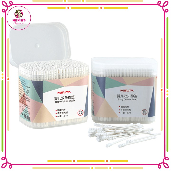 Tăm bông cho bé sơ sinh được làm từ bông tự nhiên hộp 400 que Misuta (hàng cao cấp)