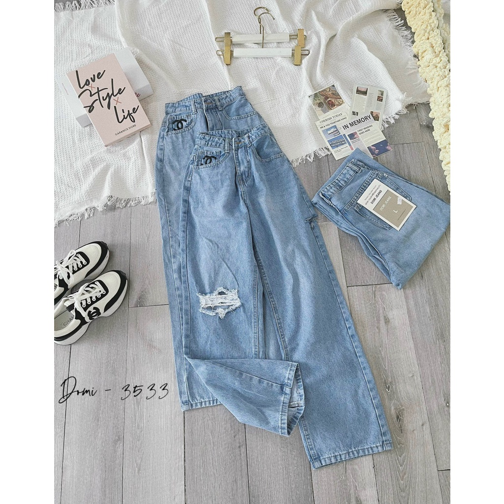 Quần Jean Rách Gối Nữ MunMunStore Quần Suông Bò Phom Rộng Chất Jean Cao Cấp 154