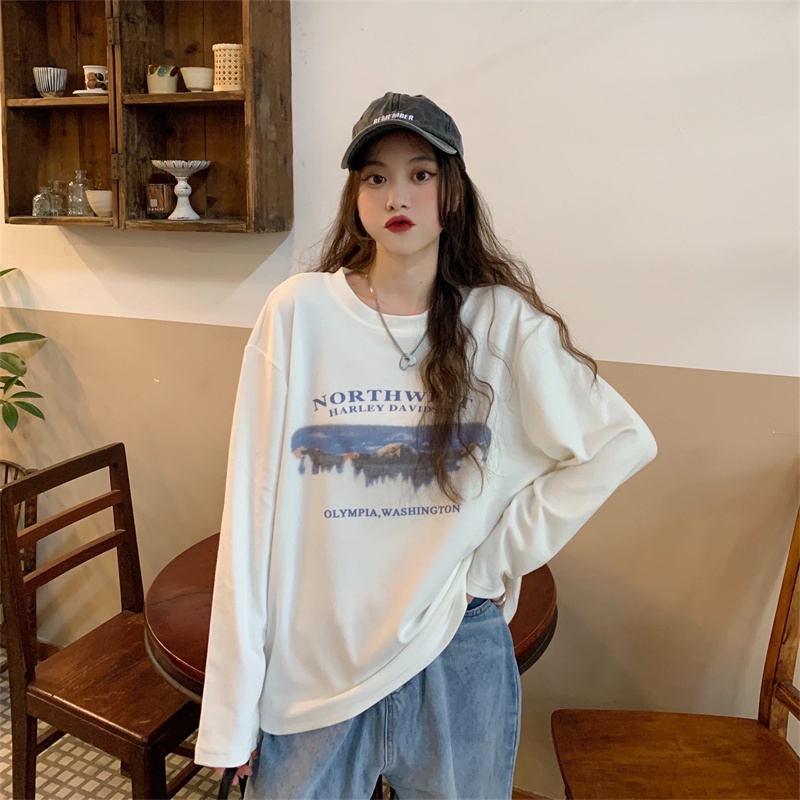 Áo thun tay dài cổ tròn dáng rộng in họa tiết kiểu retro thời trang